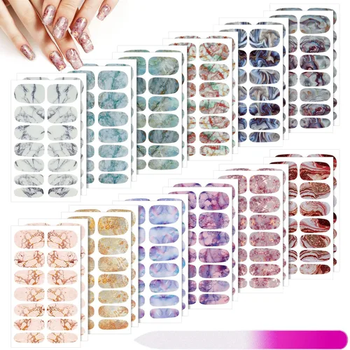 Vista 17 de Maitys 336 piezas de 24 hojas de tiras de esmalte de uñas de envoltura completa, autoadhesivas, tiras de uñas de gel, calcomanías de arte con lima