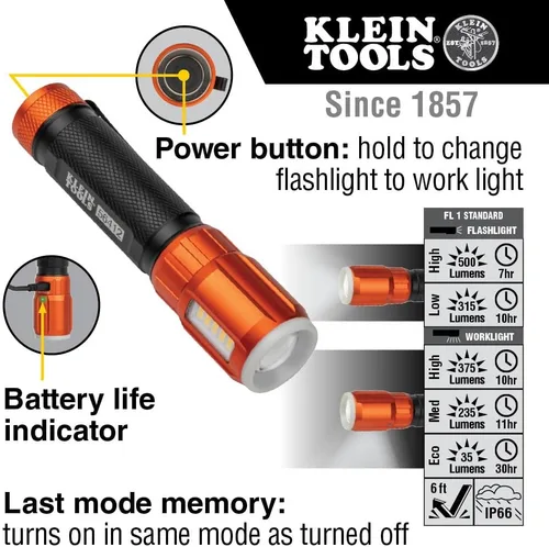 Vista 3 de Klein Tools Linterna LED recargable 56412 con luz de inundación, 500 lúmenes, USB-C recargable, clip de bolsillo, imán, para trabajo profesional