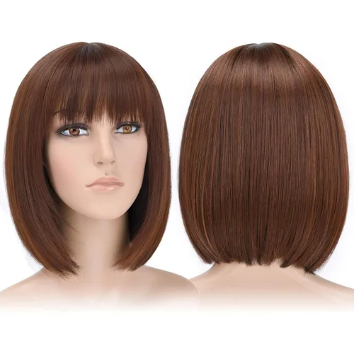 Vista 30 de Pelucas Bob con flequillo, peluca de cabello castaño rojizo de 10 Caoba