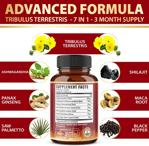 Vista 6 de Tribulus Terrestris Cápsulas con Ashwagndha, Panax Ginseng, Saw Palmetto, Maca, Shilajit - 90 Cápsulas - Suministro de 3 meses