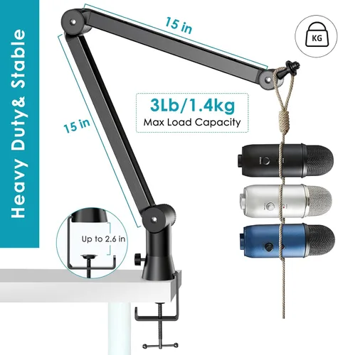 Vista 2 de Youshares Blue Yeti - Soporte de micrófono con filtro pop, brazo de micrófono de alta calidad, brazo de brazo resistente con gestión de cables
