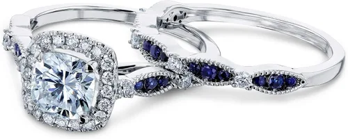 Vista 5 de Kobelli Moissanita y zafiro azul halo anillos de novia conjunto