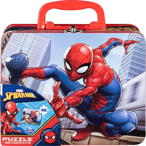 Vista 2 de Marvel Spiderman - Rompecabezas de 48 piezas en lata, rojo, azul, blanco Fiambrera Spider-Man con rompecabezas y colgador de puerta Juego