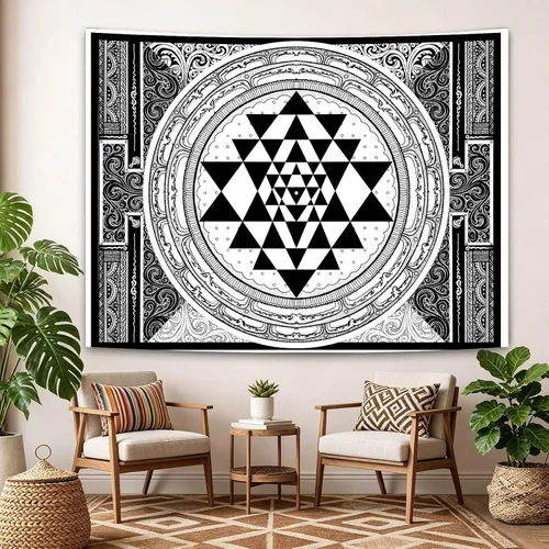Vista 3 de SHRAPHY Tapiz Sri Yantra de 60 x 40 pulgadas, tapiz de meditación sentado, geometría sagrada, tapiz de arte blanco y negro para colgar en la pared