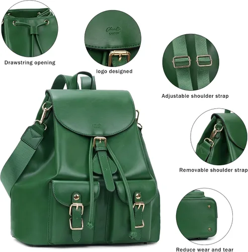 Vista 3 de Chillo - Mochila grande de cuero vegano para mujer, diseño multiusos, con cordón, Verde, Mochilas de mochila