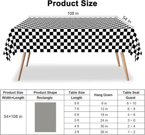 Vista 4 de Paquete de 2 manteles de plástico a cuadros en blanco y negro para fiestas, desechables de 54 x 108 pulgadas, mantel rectangular con bandera a