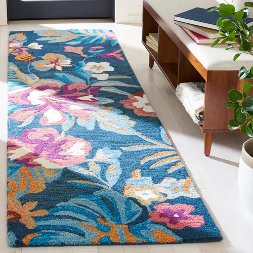 Vista 2 de SAFAVIEH Jardin Collection Alfombra de pasillo, 2 pies 3 pulgadas x 8 pies, azul y rosa, lana floral hecha a mano, ideal para zonas de alto tráfico