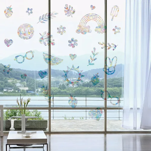 Vista 4 de PLIGREAT 56 calcomanías de ventana de hojas de arco iris, calcomanías estáticas de verano para ventana, a prueba de golpes, calcomanías de alerta