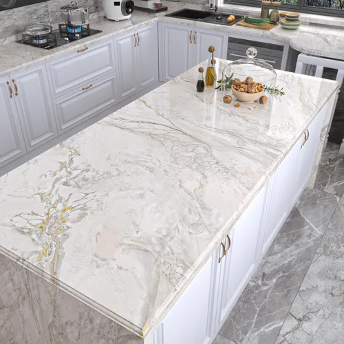 Vista 2 de VEELIKE Papel de contacto para encimera de mármol dorado crema, de 15.7 x 118 pulgadas, impermeable, para despegar y pegar, para cocina, papel tapiz