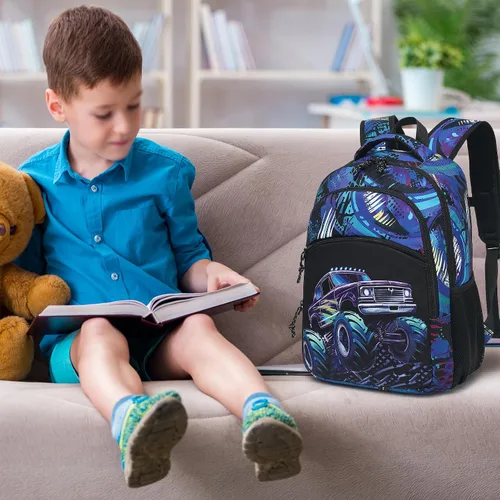 Vista 2 de Mochila escolar para niños y niñas, mochila escolar para preescolar y jardín de infantes, bolsas de guardería, Vehículo todoterreno negro-azul