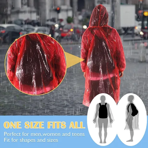 Vista 6 de Paquete de 12 ponchos de lluvia transparentes con capucha para adultos, familia, 3 colores, impermeables de emergencia de 51.1 pulgadas