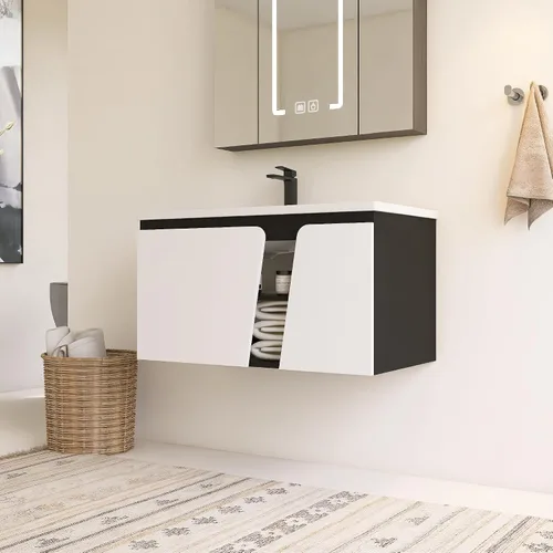 Vista 20 de Mueble de baño de 24 pulgadas con fregadero, tocador flotante de 24 pulgadas con fregadero de cerámica blanca brillante, gabinete de baño de madera