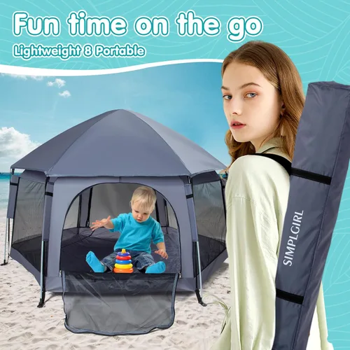 Vista 9 de Corralito para bebés de alta calidad para puerta y exterior, portátil, ligero, paquete desplegable y patio de juegos con toldo y bolsa de viaje, Gris