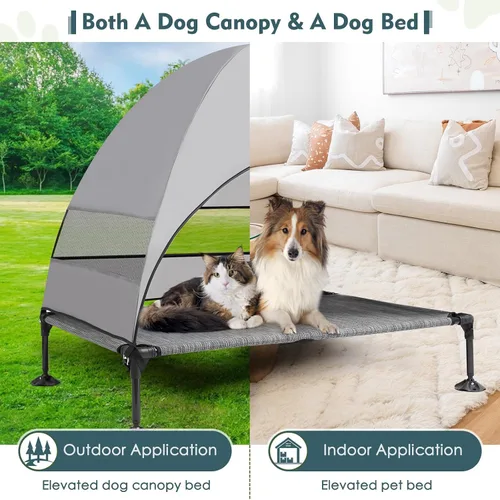 Vista 5 de Cama elevada mejorada para perros con toldo, cama elevada portátil para perros al aire libre con pies antideslizantes estables, cama para mascotas
