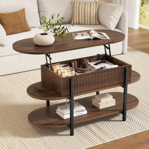 Vista 8 de FABATO - Mesa de centro oval de 41.7" con parte superior elevable, mesa central de madera estriada con almacenamiento oculto, mesas pequeñas de 3