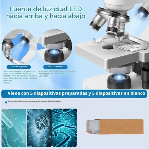 Vista 4 de Microscopio trinocular 40x-2000x Ampliación de doble capa con luces LED en la parte superior e inferior, perillas de enfoque dual gruesas
