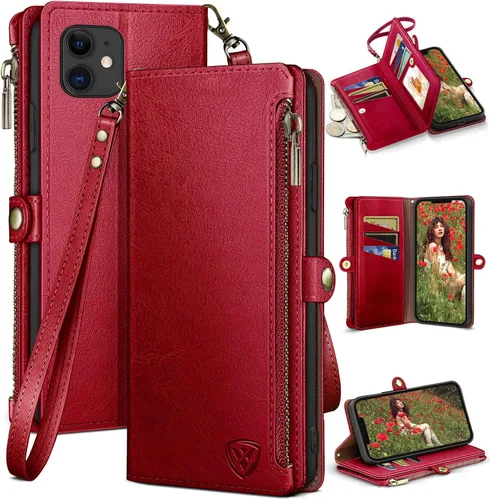 Vista 10 de XcaseBar Funda tipo cartera compatible con iPhone 12/12 Pro de 6.1 pulgadas con cremallera y tarjetero de crédito, bloqueo RFID, funda de piel Negro