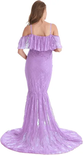 Vista 3 de HIHCBF Vestido de sirena de maternidad de encaje para mujer, hombros descubiertos, volantes, tirantes delgados, ajustado, para sesión de fotos
