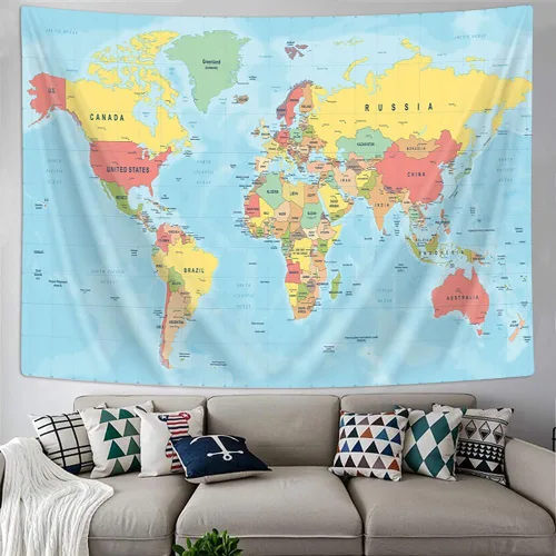 Vista 2 de Tapiz de mapa del mundo, mapas mundiales para pared, Asia Europa, topografía de la ciudad del sur de América, África y Japón, tapices educativos
