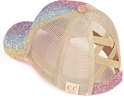Vista 4 de Funky Junque Gorra de béisbol para niña con diseño de moño desordenado, cola de caballo alta para niños