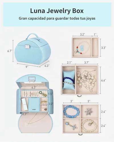 Vista 4 de Vlando Joyero de tamaño mediano, diseño de princesa, regalo fabuloso para niñas (azul)