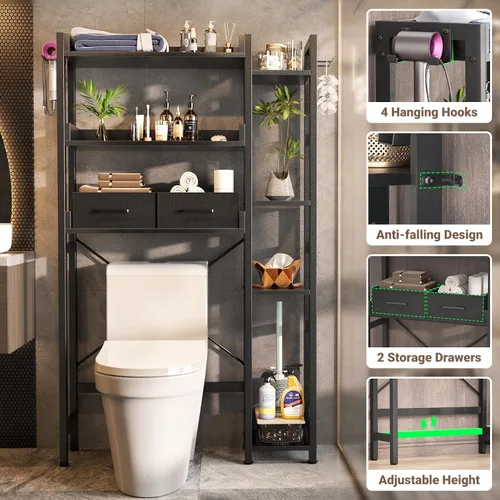Vista 4 de Besiost - Estante de almacenamiento sobre el inodoro con 2 cajones - Organizador de baño de 7 niveles con estante ajustable, estante de ahorro