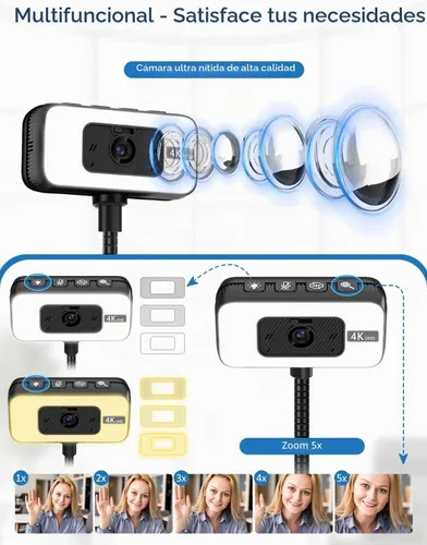 Vista 2 de Cámara web 4K para PC con luz, enfoque automático PDAF y micrófono para Negro
