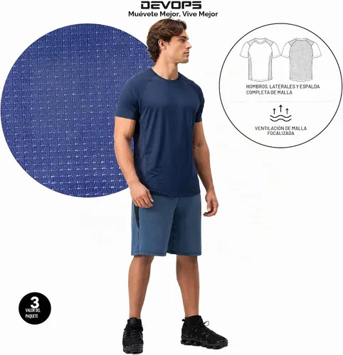 Vista 5 de DEVOPS Paquete de 3 camisetas atléticas de manga corta para hombre que Carbón / azul marino / acero