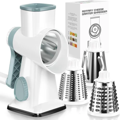 Vista 9 de Badelite Rallador de Queso con Manivela Giratoria Rallador de Queso de Acero Inoxidable Rebanadora de Verduras Rallador para Cocina 3 Cuchillas