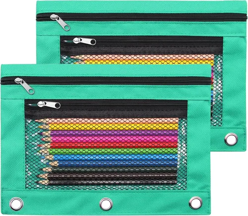 Vista 9 de Estuche para lápices de 3 anillos con cremallera, estuche de lona con 2 compartimentos (juego de 2, negro)