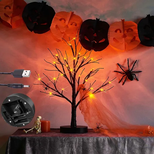 Vista 5 de Hairui Árbol espeluznante de mesa iluminado con purpurina negra con luces naranjas, 24 LED de 18 pulgadas, para decoración de bruja de Halloween