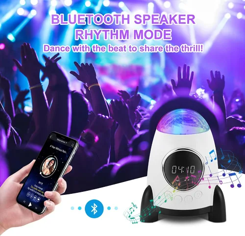 Vista 5 de Proyector de estrellas con reloj despertador, galaxia cohete para dormitorio, altavoz Bluetooth y aurora de ruido blanco