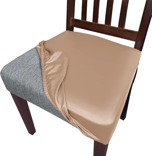 Vista 10 de Juego de 4 fundas de asiento impermeables de piel sintética para sillas de comedor, fundas de asiento suaves para sillas de comedor, funda Beige