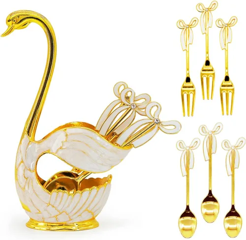 Vista 9 de Flylin Juego de cucharas de postre de café, soporte con base de cisne con 6 cucharas de helado, cucharaditas de café, postre y azúcar, cubiertos