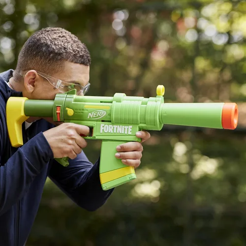 Vista 3 de Lanzador Nerf Fortnite SMG-Zesty, 10 dardos Nerf Elite, clip de 10 dardos, culata y cañón removibles, regalos de Fortnite para niños y niñas