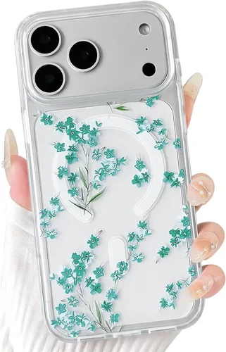 Vista 64 de NITITOP Funda magnética transparente compatible con iPhone 14 Plus/15 Plus, compatible con MagSafe lindas flores, hojas florales para mujeres
