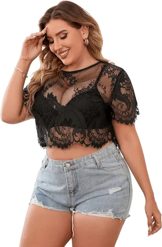 Vista 3 de Floerns Camiseta corta de manga corta de malla transparente para mujer, talla grande, sin brasier