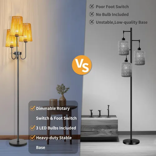 Vista 5 de Lámpara de pie de ratán para sala de estar, lámpara de pie de granja de 3 luces con pantallas de ratán, lámparas altas rústicas de 65 pulgadas