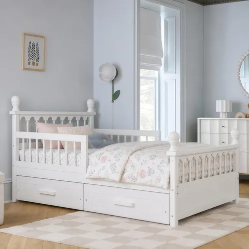 Vista 19 de Harper & Bright Designs Marco de cama doble con cama nido, plataforma para niños, cama doble con cama nido extraíble, madera maciza, no necesita