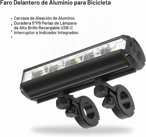 Vista 5 de Energlow - Luz de bicicleta de 2500 lúmenes Faro de bicicleta recargable USB-C de 5 LED IPX4 impermeable, 5 modos con doble haz blanco