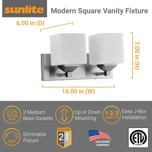 Vista 2 de Sunlite 81323-SU - Moderna lámpara cuadrada para tocador, montaje en pared de 16 pulgadas, base media (E26), requiere bombilla estándar A19