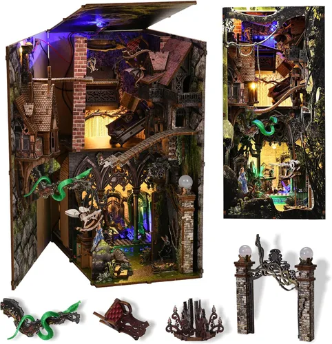 Vista 19 de MiniCity Kit de rincón de libros de bricolaje, escena de madera en miniatura 3D con luces LED, cubierta de polvo y herramientas para decoración