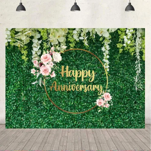 Vista 4 de Ticuenicoa Telón de fondo floral de 5 x 3 pies para pared de césped verde feliz aniversario para flores, amor, saludos a 10 años, 50 años