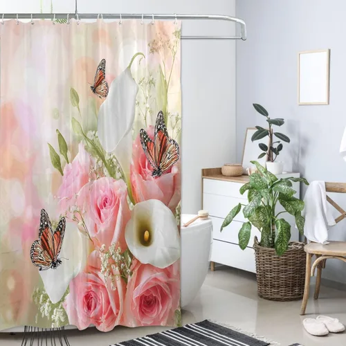Vista 31 de MNSRUU Fabric Shower Curtain, Flowers and Butterflies Pink Waterproof Polyester Curtains with Hooks for Home Bathroom Decorative
