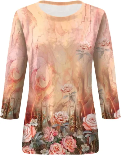 Vista 72 de Camisetas personalizadas para mujer, a la moda, casual, de séptima manga, estampada, cuello redondo, camiseta