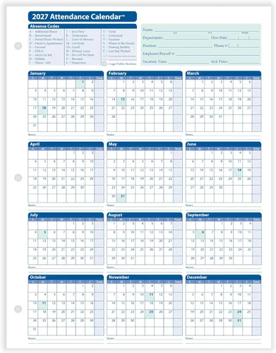 Vista 2 de ComplyRight Calendario de asistencia 2024, blanco, paquete de 25