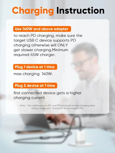 Vista 5 de CableCreation Cable USB C 2 en 1, 4 pies de largo 6 pies USBC a USB C dual, USB C 140 W Max PD carga tipo C divisor para iPhone 16/15, MacBook