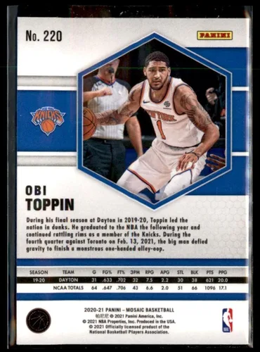 Vista 2 de Obi Toppin Card #220 2020-21 Panini Mosaic Rookie Card New York Knicks