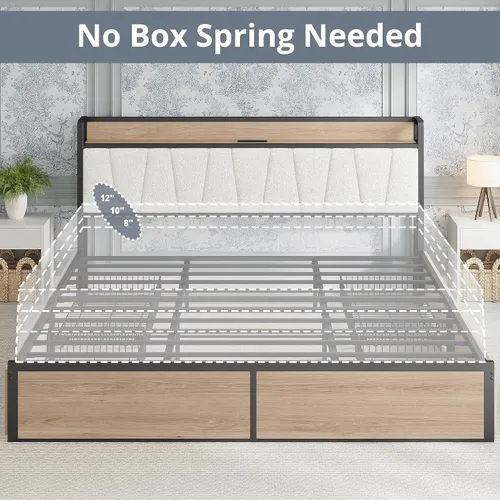 Vista 7 de LIKIMIO - Armazón de cama tamaño King con 4 cajones de almacenamiento, cama de plataforma con cabecera tapizada, resistente y estable, sin ruido,