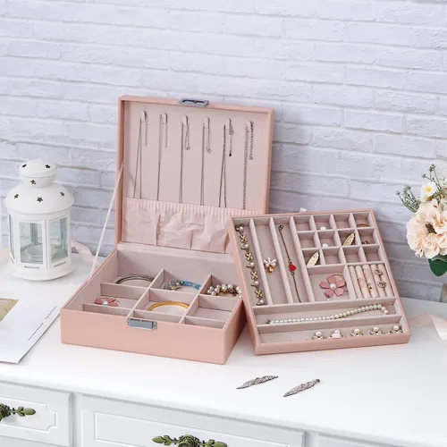 Vista 3 de BEWISHOME Joyero para niñas, organizador de joyas de 35 compartimentos, 6 ganchos para collares, 2 capas, cajas de joyería, estuche